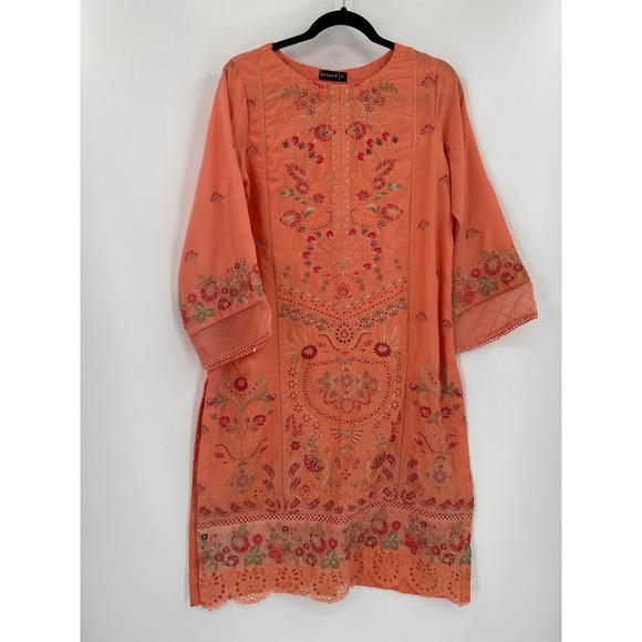 Bin Saeed Size M Ethnic Peach Heavily Embroidered Long Sleeve Light Weight Dress - Picture 1 of 9